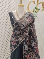 Organza with floral ikat-style embroidered pattern and double scalloped boarder