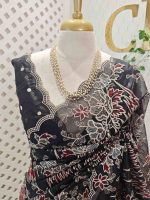 Organza with floral ikat-style embroidered pattern and double scalloped boarder - Image 2
