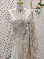 Organza with floral ikat-style embroidered pattern and double scalloped boarder - Image 7