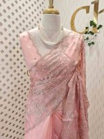 Organza with floral ikat-style embroidered pattern and double scalloped boarder - Image 10
