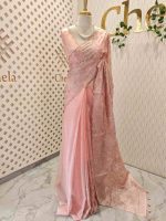 Organza with floral ikat-style embroidered pattern and double scalloped boarder - Image 12