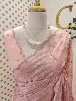 Organza with floral ikat-style embroidered pattern and double scalloped boarder - Image 11