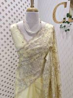 Organza with floral ikat-style embroidered pattern and double scalloped boarder - Image 13