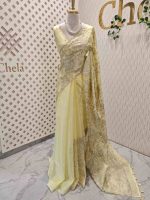 Organza with floral ikat-style embroidered pattern and double scalloped boarder - Image 15