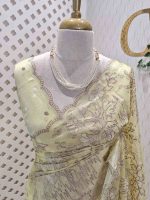 Organza with floral ikat-style embroidered pattern and double scalloped boarder - Image 14