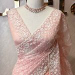 Organza with floral jaal design all over the body and heavy embroidered scalloped border