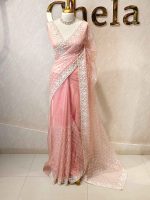 Organza with floral jaal design all over the body and heavy embroidered scalloped border - Image 3
