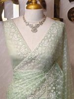 Organza with floral jaal design all over the body and heavy embroidered scalloped border - Image 5