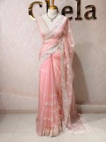 Organza with heavy embroidered and sequins cutwork border and minimal floral buti motif all over the body - Image 9