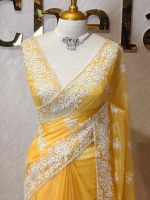 Organza with heavy embroidered and sequins cutwork border and minimal floral buti motif all over the body - Image 10