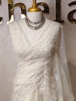 Organza with heavy embroidered and sequins cutwork border and minimal floral buti motif all over the body - Image 4