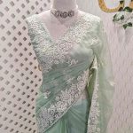 Organza with heavy embroidered and sequins cutwork border and minimal floral buti motif all over the body