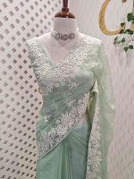 Organza with heavy embroidered and sequins cutwork border and minimal floral buti motif all over the body