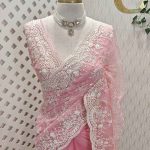 Organza with floral jaal pattern all over the body and embroidered scalloped border