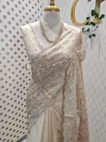 Organza with heavy tread embroidery all over the body and double scalloped border - Image 25