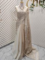 Organza with heavy tread embroidery all over the body and double scalloped border - Image 27