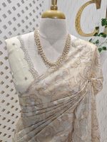 Organza with heavy tread embroidery all over the body and double scalloped border - Image 26