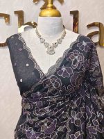 Organza with heavy tread embroidery all over the body and double scalloped border - Image 11