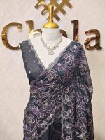 Organza with heavy tread embroidery all over the body and double scalloped border - Image 10