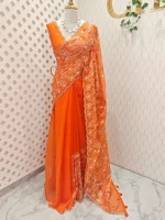 Organza with heavy tread embroidery all over the body and double scalloped border - Image 42