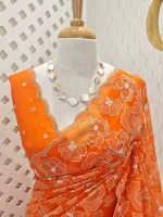 Organza with heavy tread embroidery all over the body and double scalloped border - Image 41