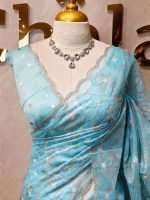 Organza with heavy tread embroidery all over the body and double scalloped border - Image 14