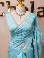Organza with heavy tread embroidery all over the body and double scalloped border - Image 13