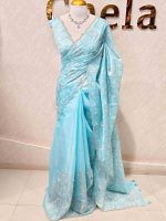 Organza with heavy tread embroidery all over the body and double scalloped border - Image 15