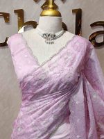 Organza with heavy tread embroidery all over the body and double scalloped border - Image 17