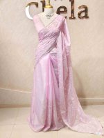 Organza with heavy tread embroidery all over the body and double scalloped border - Image 18