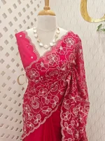 Organza with heavy tread embroidery all over the body and double scalloped border - Image 43