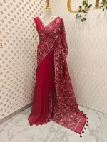 Organza with heavy tread embroidery all over the body and double scalloped border - Image 45