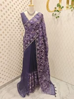 Organza with heavy tread embroidery all over the body and double scalloped border - Image 48