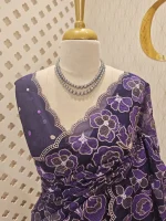 Organza with heavy tread embroidery all over the body and double scalloped border - Image 47