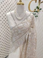 Organza with heavy tread embroidery all over the body and double scalloped border - Image 28