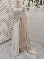 Organza with heavy tread embroidery all over the body and double scalloped border - Image 30