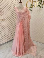 Organza with heavy tread embroidery all over the body and double scalloped border - Image 33