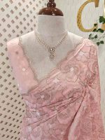 Organza with heavy tread embroidery all over the body and double scalloped border - Image 32