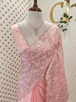 Organza with heavy tread embroidery all over the body and double scalloped border - Image 31