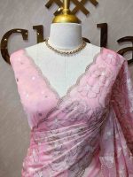Organza with heavy tread embroidery all over the body and double scalloped border - Image 8