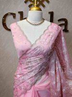 Organza with heavy tread embroidery all over the body and double scalloped border - Image 7