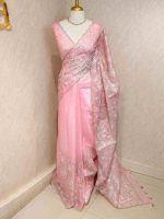 Organza with heavy tread embroidery all over the body and double scalloped border - Image 9