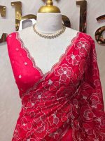Organza with heavy tread embroidery all over the body and double scalloped border - Image 20