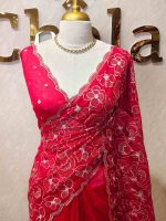 Organza with heavy tread embroidery all over the body and double scalloped border - Image 19