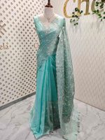 Organza with heavy tread embroidery all over the body and double scalloped border - Image 36