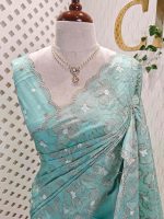 Organza with heavy tread embroidery all over the body and double scalloped border - Image 35