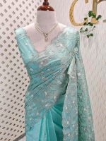 Organza with heavy tread embroidery all over the body and double scalloped border - Image 34