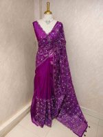 Organza with heavy tread embroidery all over the body and double scalloped border - Image 3