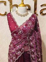 Organza with heavy tread embroidery all over the body and double scalloped border - Image 22