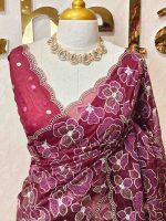 Organza with heavy tread embroidery all over the body and double scalloped border - Image 23
